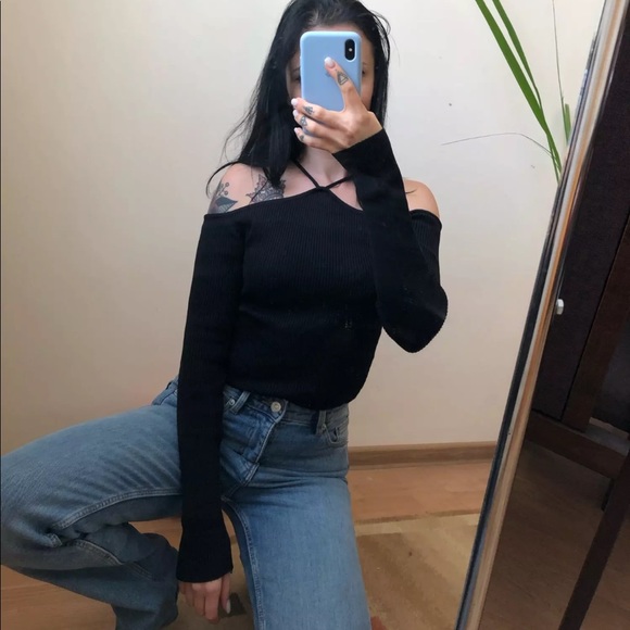 🆕 Minimalist Cutout Sweater knit blouse people cocktail top free Black top - Picture 2 of 4